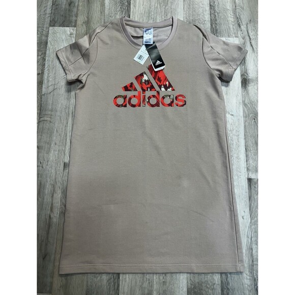 ADIDAS X Zoe Saldana Pattern Women's Sport T-shirt Dress Sz Large Tan Red Logo - Picture 6 of 9